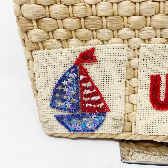 Quacker Factory USA Patriotic Wicker Tote Bag Purse Flag Sequin Embellished - Picture 4 of 16